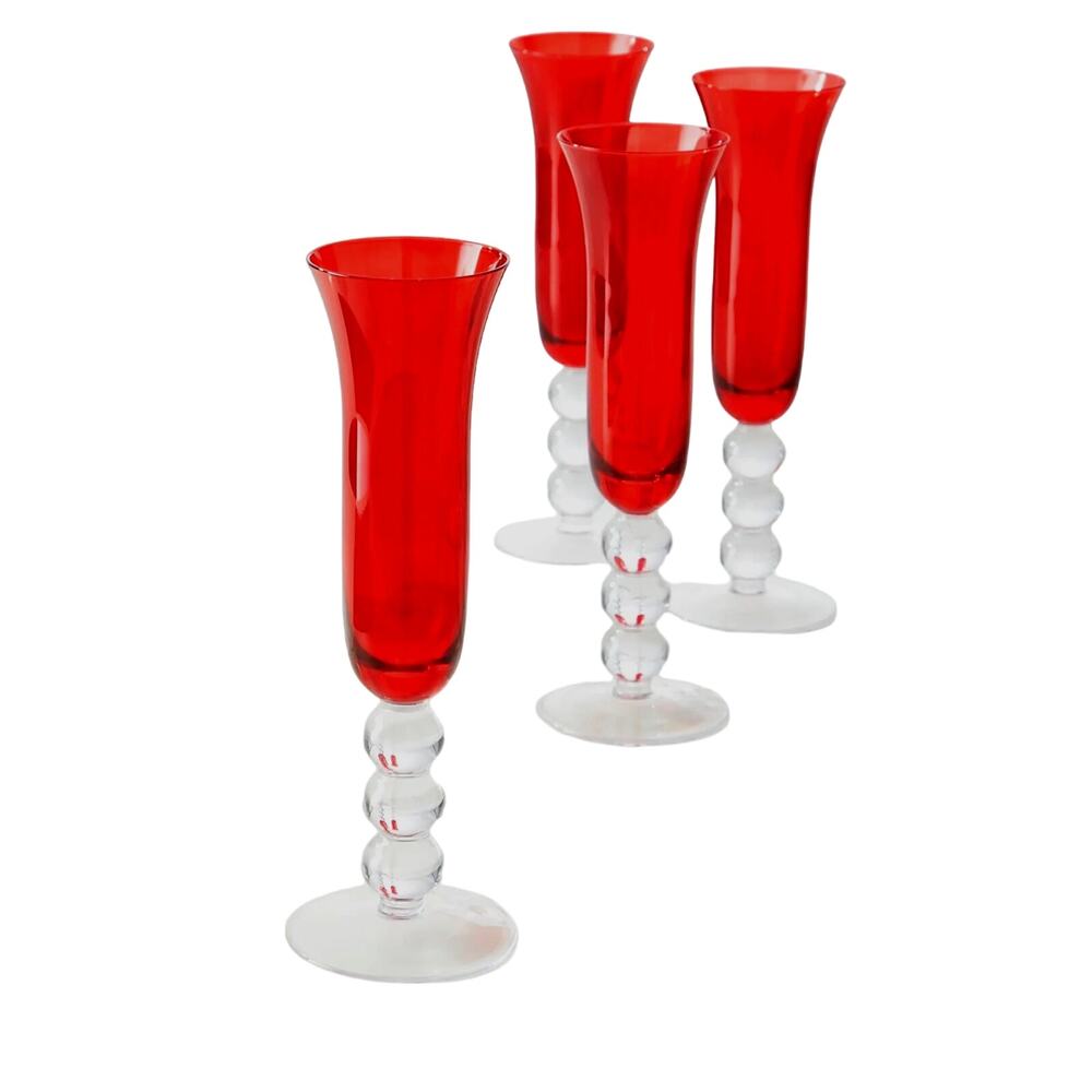 NEIMAN MARCUS Ruby Red Glass Champagne Flutes Set of 4 in Gift Box NEW